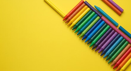 Colorful wax crayons arranged neatly on a bright yellow background, vibrant and playful composition for education, creativity, art, or back-to-school themes.