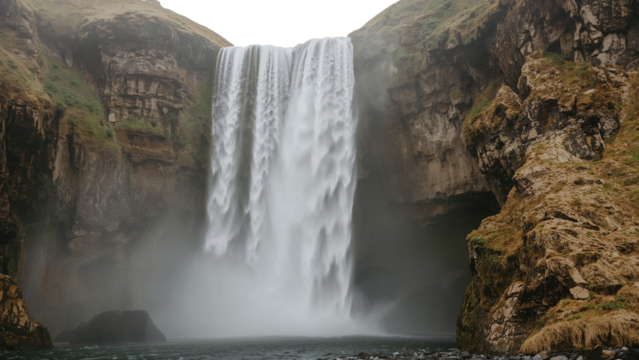 Waterfall Cascading Down a Steep Cliff with Cliffs and Greenery