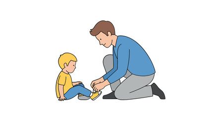 Caring father helping his little son tie his shoes. A simple line art illustration of parenting, fatherhood, and family life.