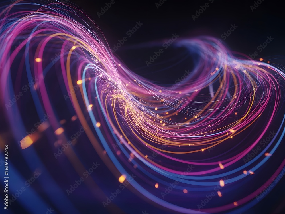 Poster futuristic abstract background showing a vibrant digital wave of glowing light trails and streaming 