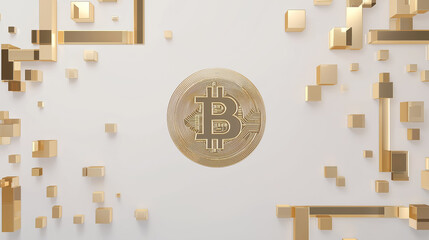Golden Bitcoin Crypto Coin with 3D Geometric Shapes Cryptocurrency Background