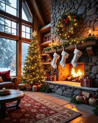 Cozy Winter Cabin Living Room Decorated for Christmas with Tree and Fireplace