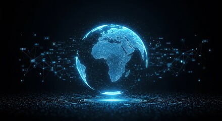 Futuristic digital globe with glowing blue continents and data network connections, representing global connectivity, technology, and digital transformation.
