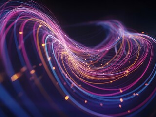 Futuristic abstract background showing a vibrant digital wave of glowing light trails and streaming data.