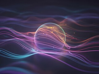 A futuristic concept of a glowing orb within an abstract digital landscape, with vibrant neon light waves flowing around it.