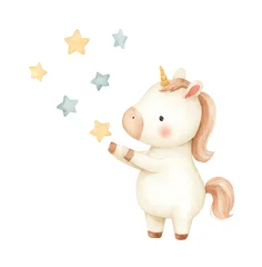 Fototapete Pony Adorable Watercolor Unicorn Plays with Stars, a whimsical and enchanting scene of pastel hues and magical wonder.  © Priyanut