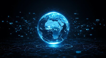 Futuristic digital globe with glowing blue continents and data network connections, representing global connectivity, technology, and digital transformation.