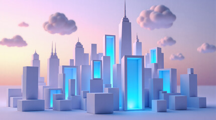 Paper model of a futuristic city with glowing blue buildings and pastel clouds in a dreamy sky.