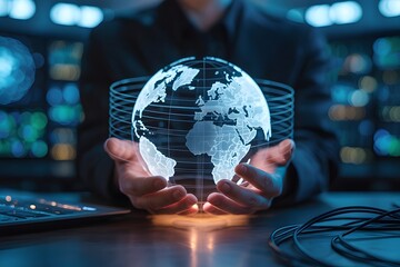 A person's hands cupping a glowing digital hologram of the Earth in a futuristic technology control center.