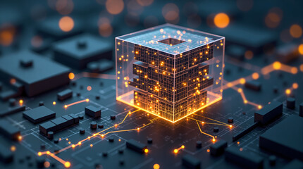 abstract background, Digital cube glowing on a high-tech circuit board, representing data, AI, and future technology.