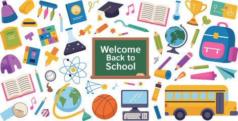 Welcome Back to School background with education icons – colorful cartoon supplies and elements for classroom, learning, and teaching.