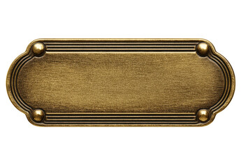 Ornate, bronze-colored metal plate, rectangular with curved ends, bordered by decorative lines and rivets