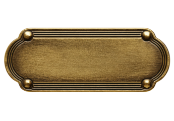 Ornate, bronze-colored metal plate, rectangular with curved ends, bordered by decorative lines and rivets