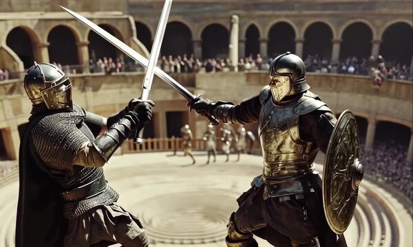 Two Medieval Knights in Full Armor, Duel in Dramatic Sword Fight in the Center of the Colosseum