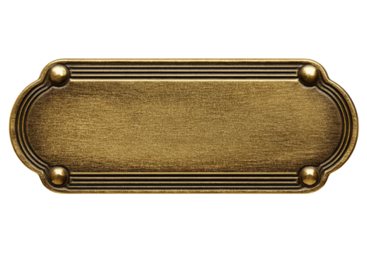 Ornate, bronze-colored metal plate, rectangular with curved ends, bordered by decorative lines and rivets
