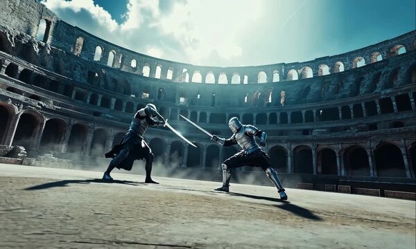 Two Medieval Knights in Full Armor, Duel in Dramatic Sword Fight in the Center of the Colosseum