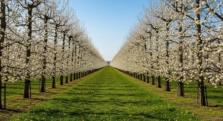 Rows of flowering trees in an orchard with green grass and a clear blue sky on a sunny day landscape