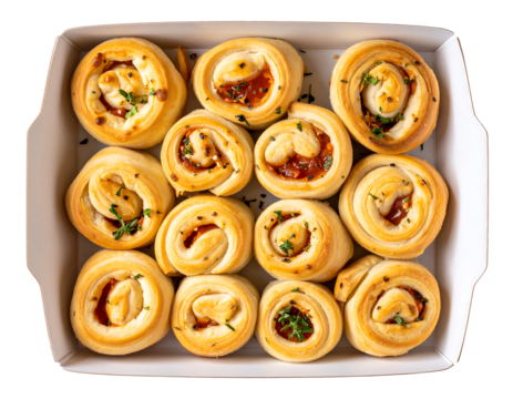 A dozen savory pastry swirls, arranged neatly in a white takeout container isolated on transparent background, ready to serve.