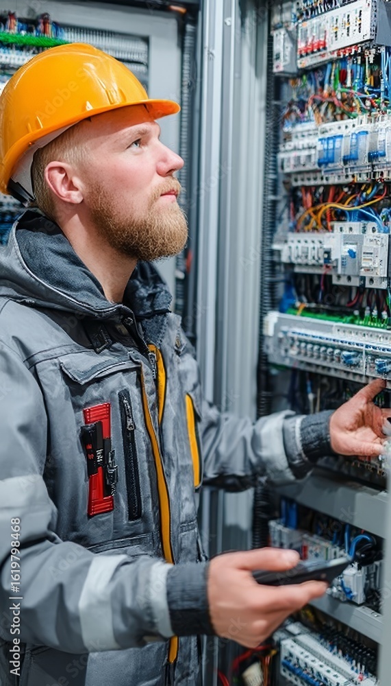Poster engineer inspecting electrical cabinet components carefully to ensure optimal system functionality.