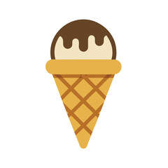 Ice cream ball with chocolate in a waffle horn. Vector illustration.