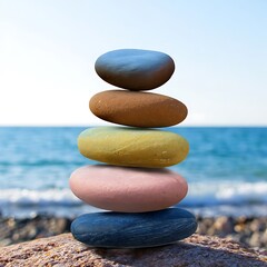 Colorful stones stacked on top of each other on the beach.