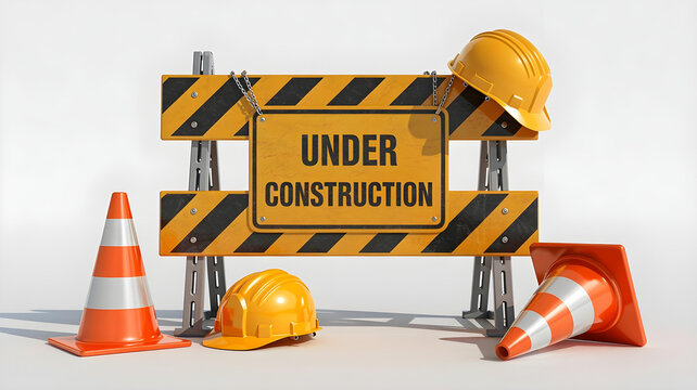 3D digital image of a construction barrier with safety gear on white background.
