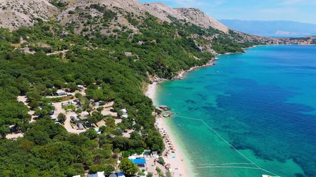 Campsite at Campig Skrila, Krk Island, Stara Baska Croatia, Aerial View of the Mountains and Coast With Boats, Beaches and Adriatic Sea. The Seaside Rv Campmobiles on a Summer Beautiful Coastline