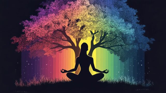 Silhouette of a person meditating under a rainbow-colored tree, viewed from a side angle. The style is vibrant and mystical, ideal for a calming video. Live desktop wallpaper.