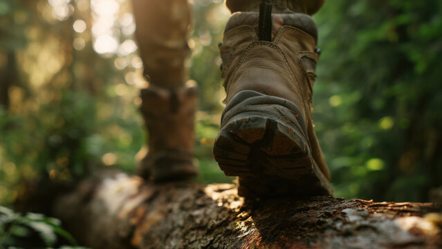 Boots on a log in a bright forest, created with AI