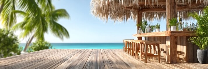 Tropical beach resort with a wooden bar and refreshing cocktails under the summer sun.