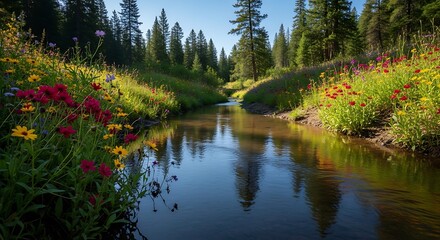 Vibrant wildflowers bloom along a clear stream in a sunlit forest meadow