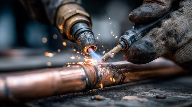 Close-up of plumber soldering copper pipe with blowtorch and protective gloves in workshop
