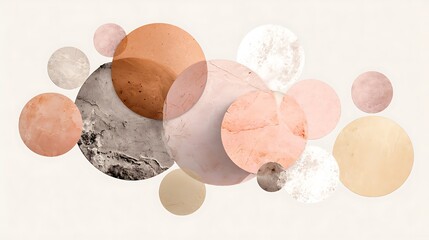 Abstract Geometric Composition with Marble and Stone Textures Featuring Circles and Spheres in Earthy Tones and Pastel Shades