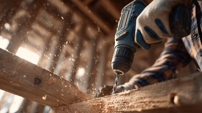 Close-up of construction worker drilling into wood with electric drill, wood shavings flying in workshop
