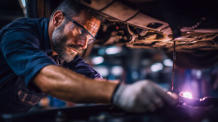 Focused auto mechanic working under car with protective glasses during oil change and maintenance in garage
