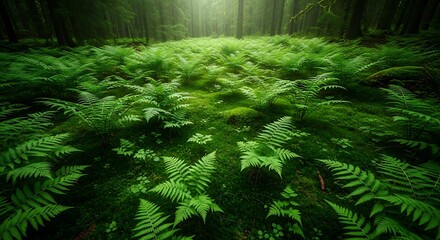 Lush green forest floor carpeted with ferns and moss under dappled sunlight