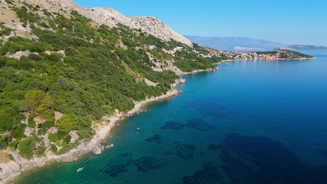Campsite at Campig Skrila, Krk Island, Stara Baska Croatia, Aerial View of the Mountains and Coast With Boats, Beaches and Adriatic Sea. The Seaside Rv Campmobiles on a Summer Beautiful Coastline