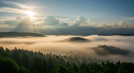Sunbeams pierce through clouds over a misty forest valley at sunrise