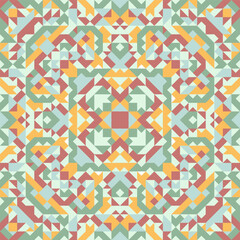Vector seamless pattern of simple geometric shapes. Repeating endless ornament of squares, rhombuses and triangles. Colorful abstract background, wallpaper. Image with kaleidoscope effect, tiles