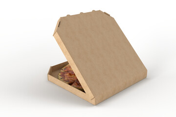 Realistic 3d pizza packaging mockup template. Empty delivery food carton cardboard kraft texture square box container isolated on background. For branding restaurant delivery, fast food lunch and ads
