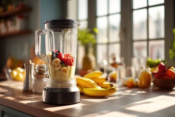 Blender filled with fruit and yogurt on a kitchen counter, sunlight streaming in