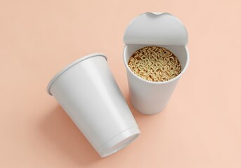 Mockup of instant noodles in white cups on peach background