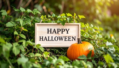 Wooden sign with Happy Halloween message, nestled among lush greenery and a small pumpkin
