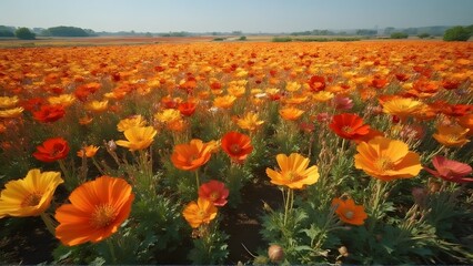 A large field filled with beautiful orange flowers