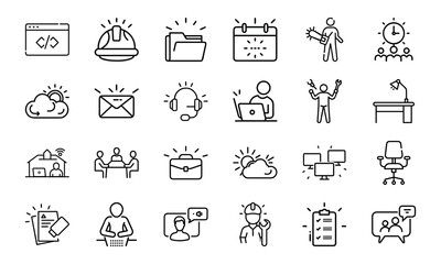 An icon pack featuring a diverse range of outline symbols for business, technology, productivity, and professional services.