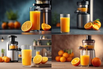 Quadruple image showcasing a modern juicer with fresh orange juice and oranges, presented in diverse kitchen settings