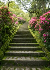 Stone stairway ascends through lush pink azaleas and mossy walls