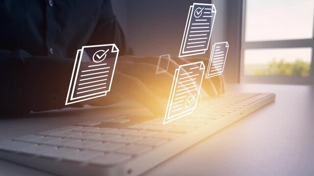 Digital checklist and task management.Business productivity checklist and filling survey form.Businessman check virtual electronic documents and checklist approve.