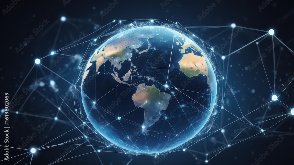 Poster a glowing earth globe surrounded by a network of interconnected lines against a dark background