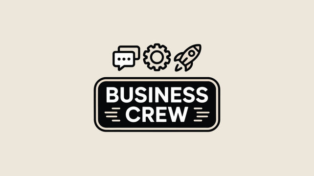 A graphic of a business crew logo with a chat bubble, gear, and rocketship on a light background